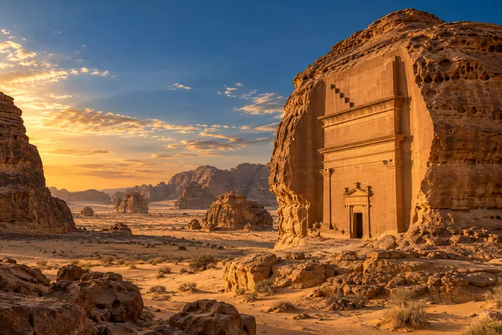 Rock-cut tomb and sandstone landscape at Hegra in AlUla