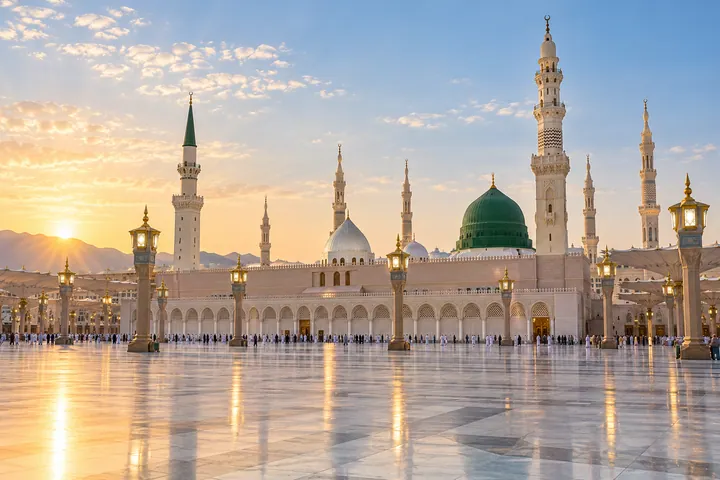 Prophet's Mosque courtyard in Madinah at sunset