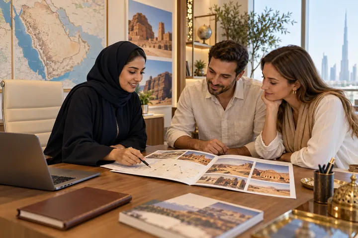 Travel consultant reviewing a written Saudi itinerary and quotation