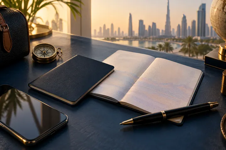 Travel notebook and passport prepared for a document review